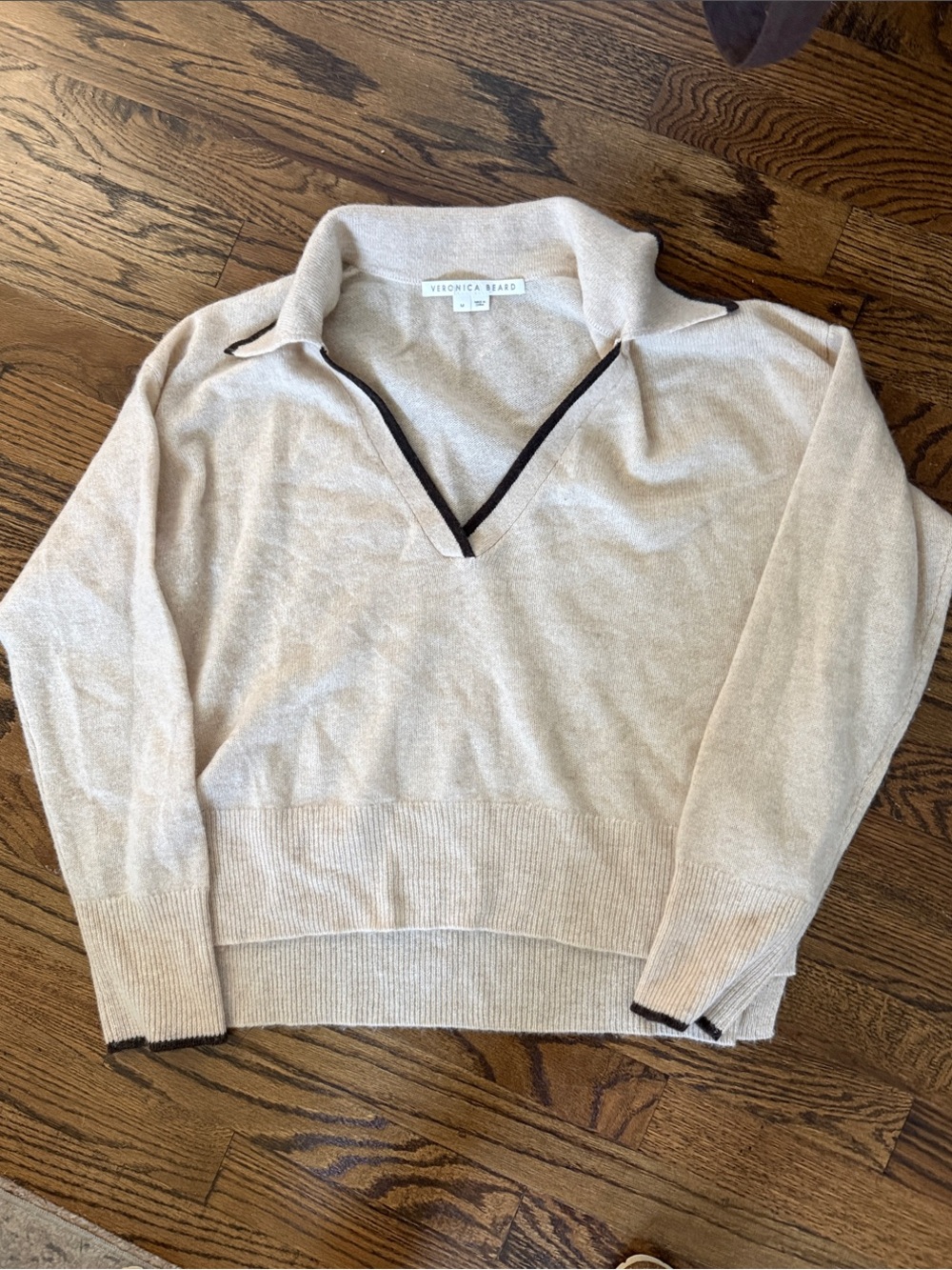 Veronica Beard Cream Cashmere  Collared V-Neck Sweater with Contrast Trim